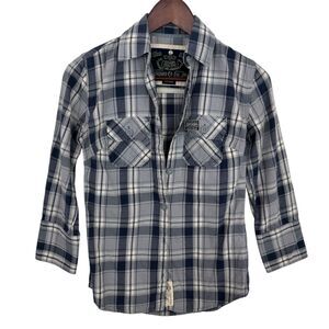 Superdry Blue White Plaid Button Down Shirt Women’s Small 3/4 Roll Tab Sleeves